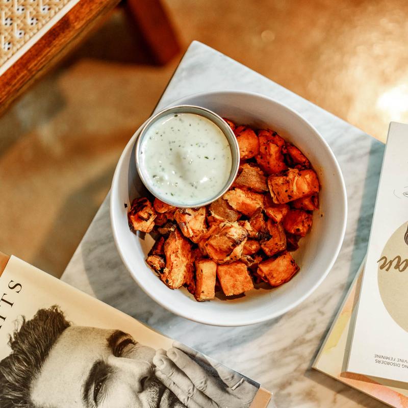 Roasted sweet potatoes with dip.