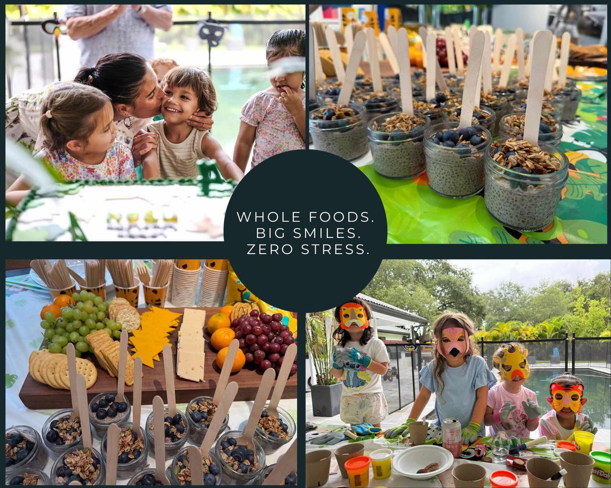 Collage of children enjoying healthy snacks and fruit platters, with the words Whole foods. Big smiles. Zero stress.